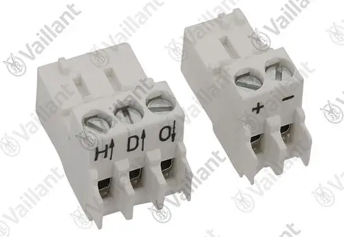 Vaillant Stecker mit zwei Anschlussklemmen, beschriftet für H1, D1, O1 und Plus/Minus. Verwendbar für Regler in Heizsystemen.